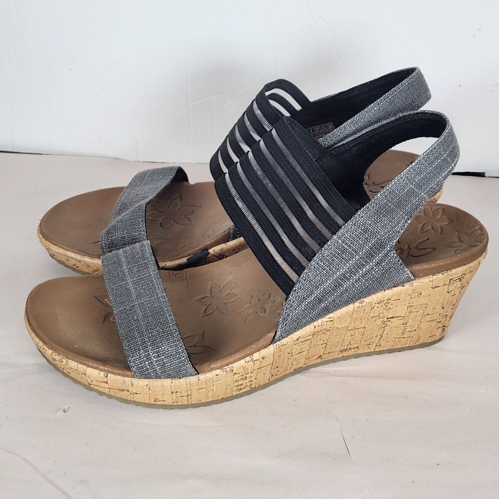 Skechers Luxe Foam Beverly Smitten Taupe Cork Wedge Sandals Womens Size 7